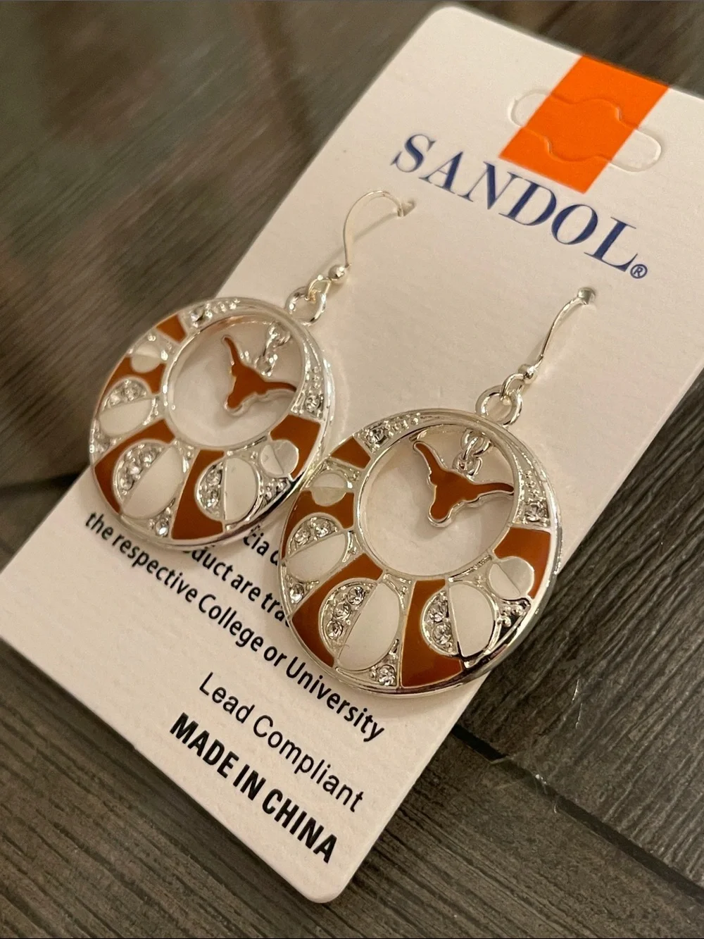 NWT SANDOL Texas Longhorns Rhinestone & Enameled Dangle Earrings